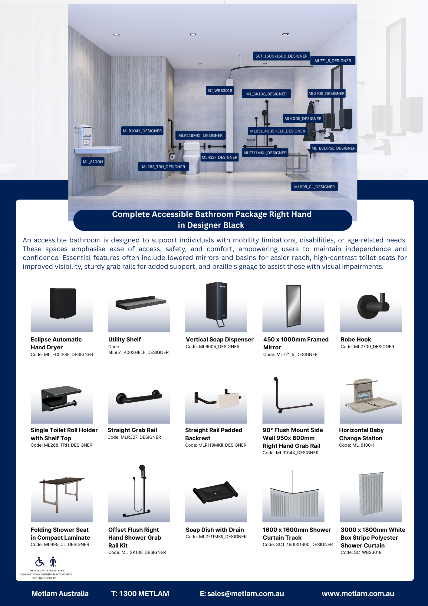 Complete Accessible Bathroom Package Right Hand in Designer Black