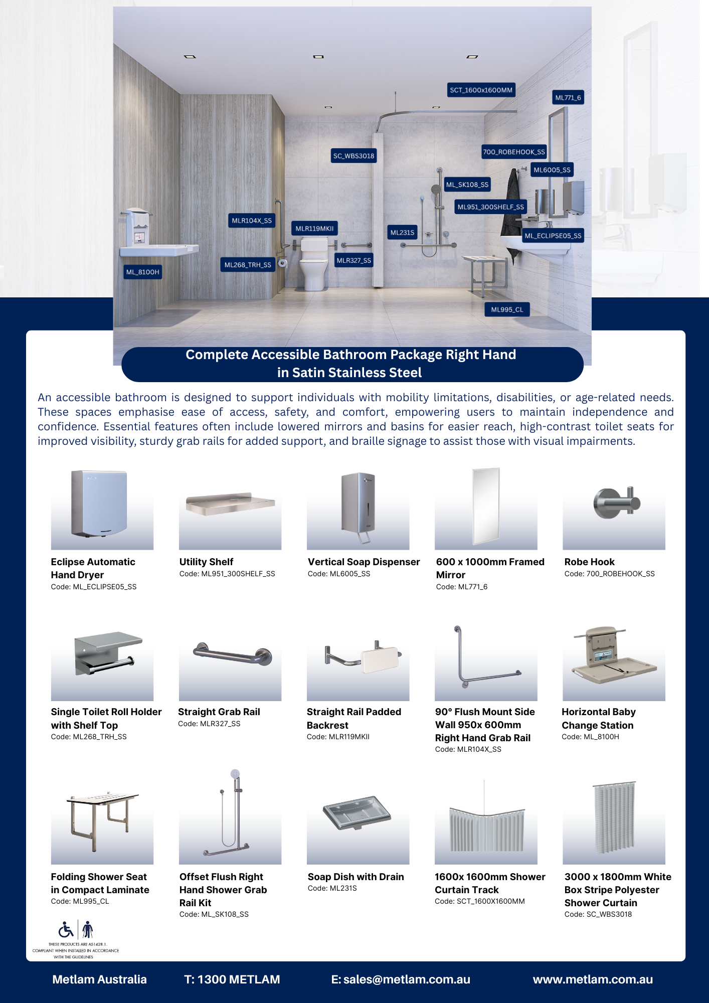 Complete Accessible Bathroom Package Right Hand in Satin Stainless Steel